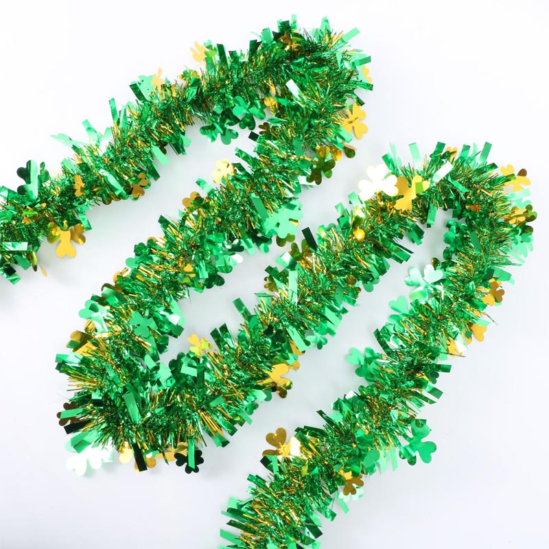 2024 Hàng mới về Màu xanh lá cây lấp lánh Shamrock Clover Tinsel Garland