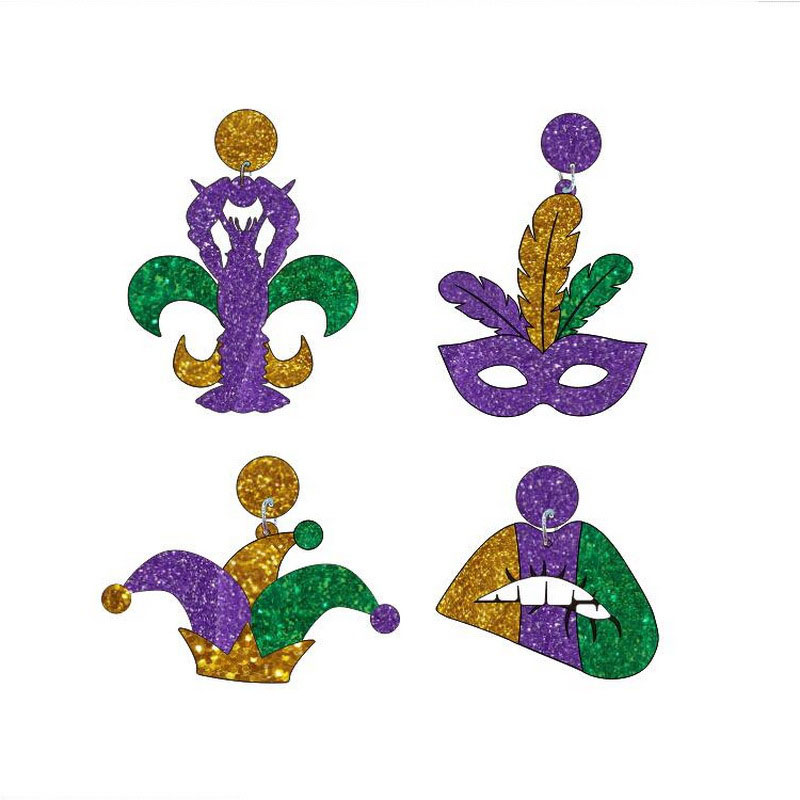 Mặt nạ môi Mardi Gras Crawfish và bông tai đinh tán acrylic mũ Jester